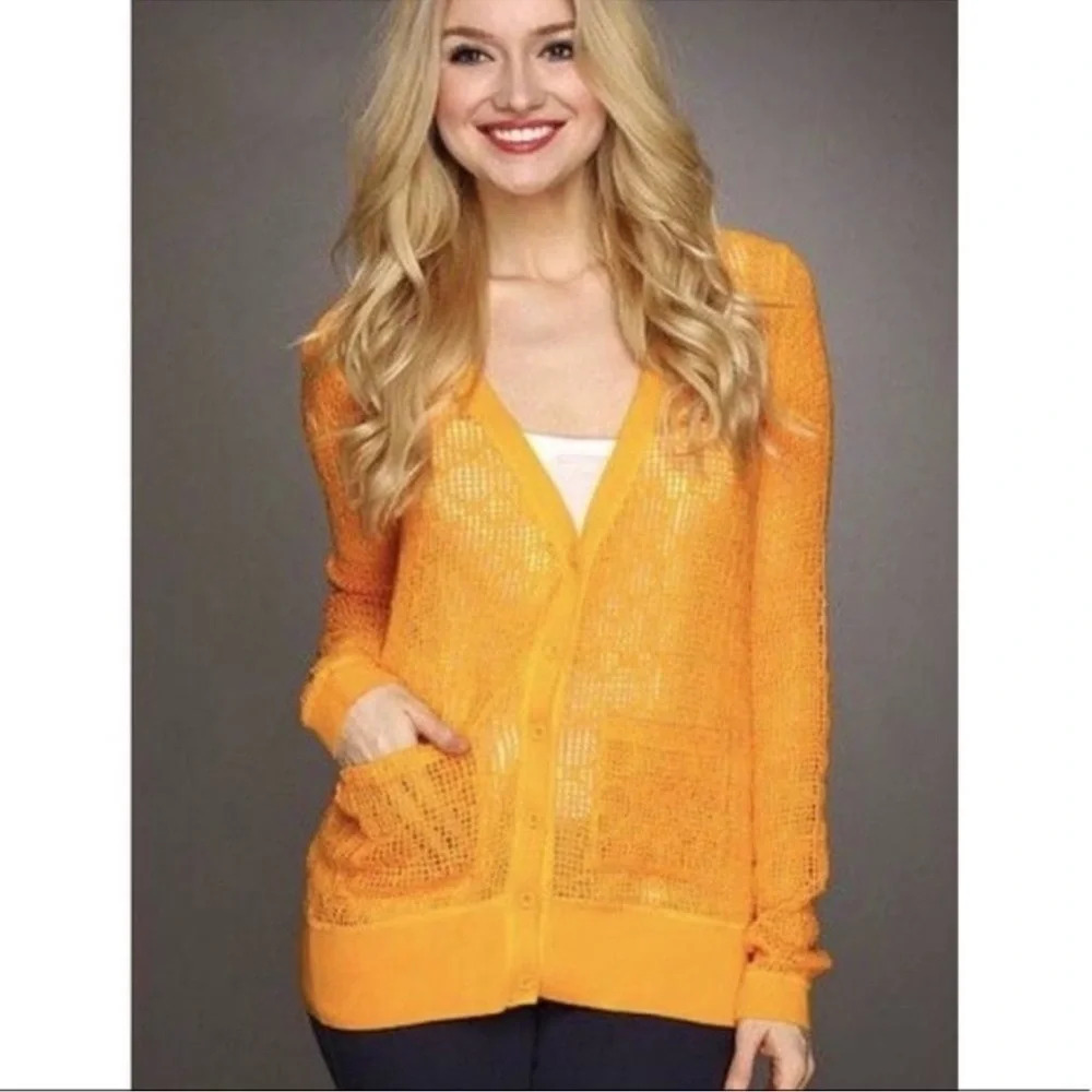 Free People Sheer Open-Knit Cardigan in Bright Orange